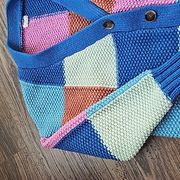 Cotton On Splice Colorful Square Patchwork V Neck Oversize Chunky Knit Cardigan - Picture 8 of 8